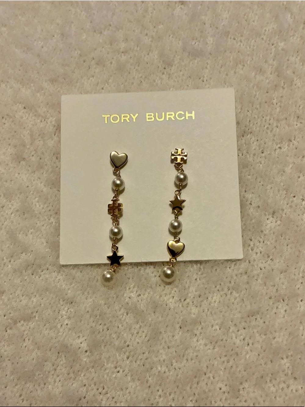 Tory Burch Gold-tone Heart & Star Pearl Drop Earrings - Picture 2 of 3